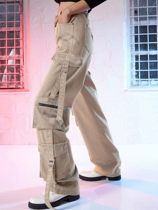 Women Beige Straight Fit High-Rise Acid Wash Pure Cotton Cargo Jeans