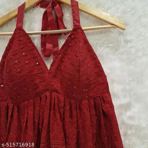 Maroon Aura: Chikankari Halter Top