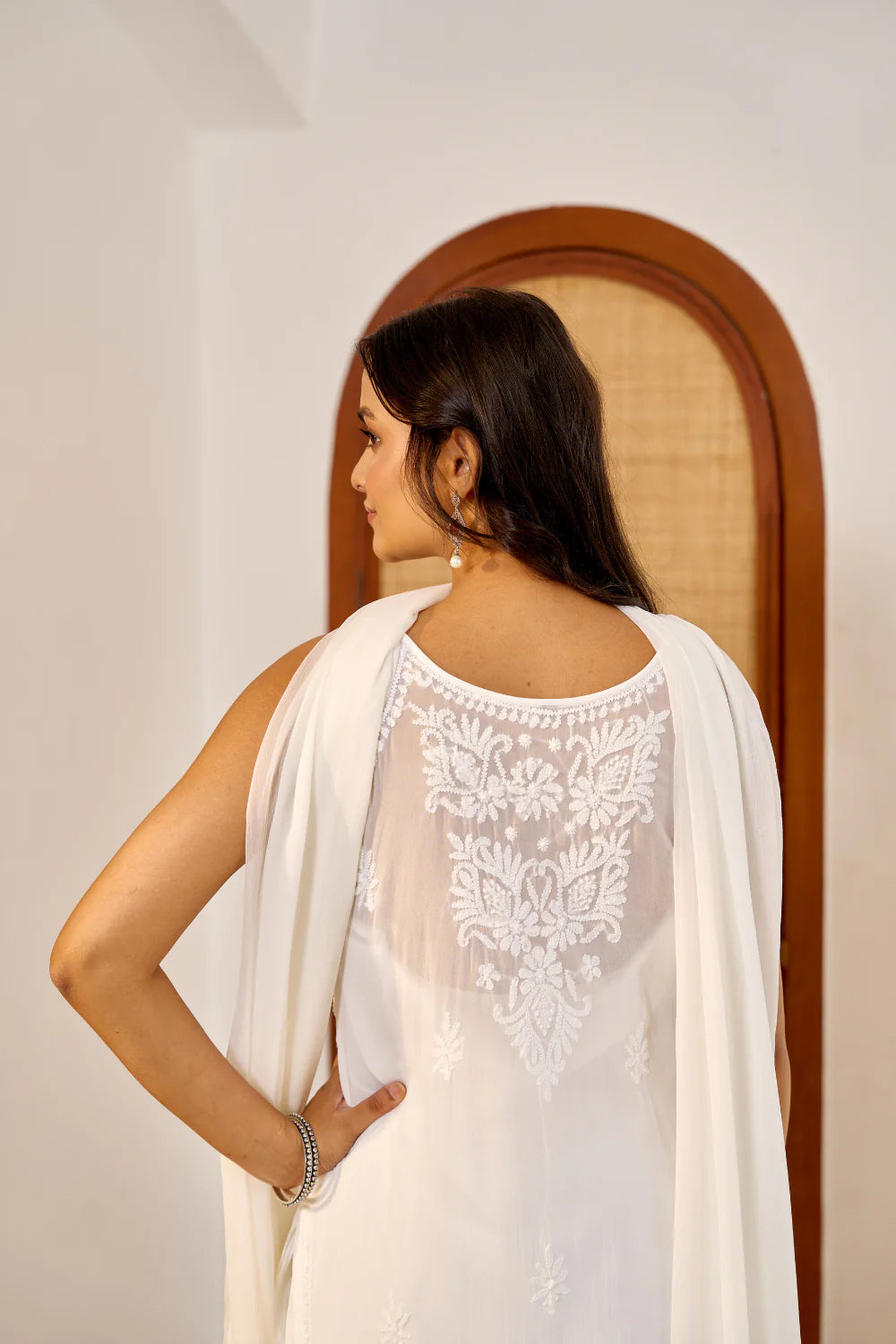 Elan Viscose Straight Kurti Chikankari Set - White