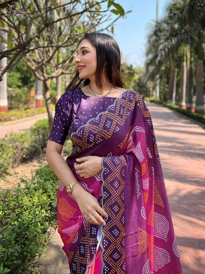 Georgette Silk Saree with Ombre Bandhej Print & Swaroski Stone Work