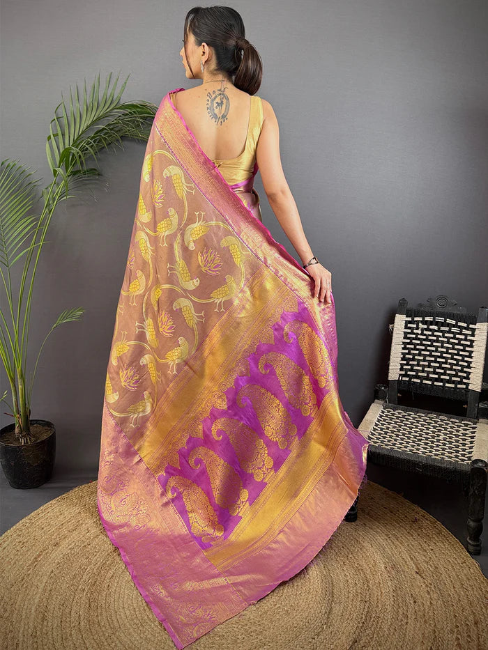 Light Wine Dharmavaram Gold Birds Print Saree
