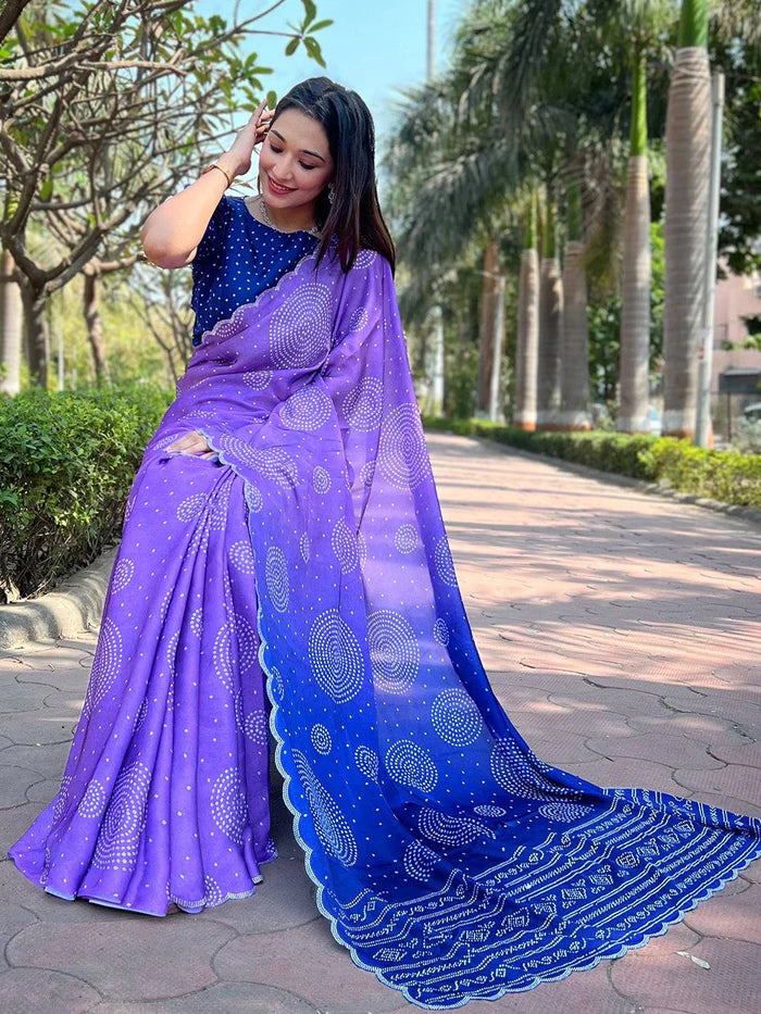Georgette Silk Saree with Ombre Bandhej Print & Swaroski Stone Work