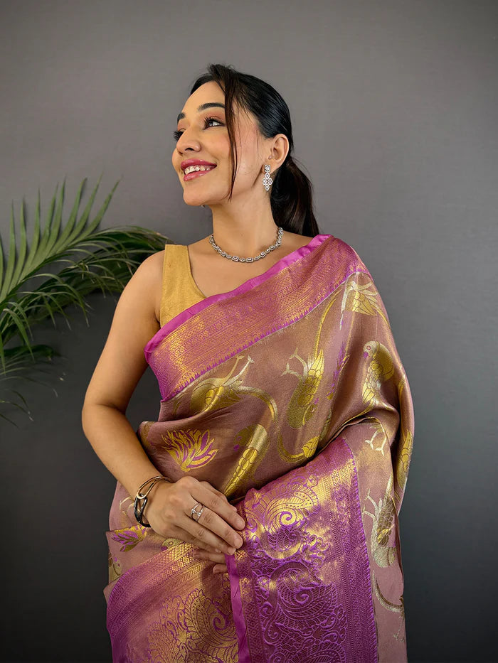 Light Wine Dharmavaram Gold Birds Print Saree