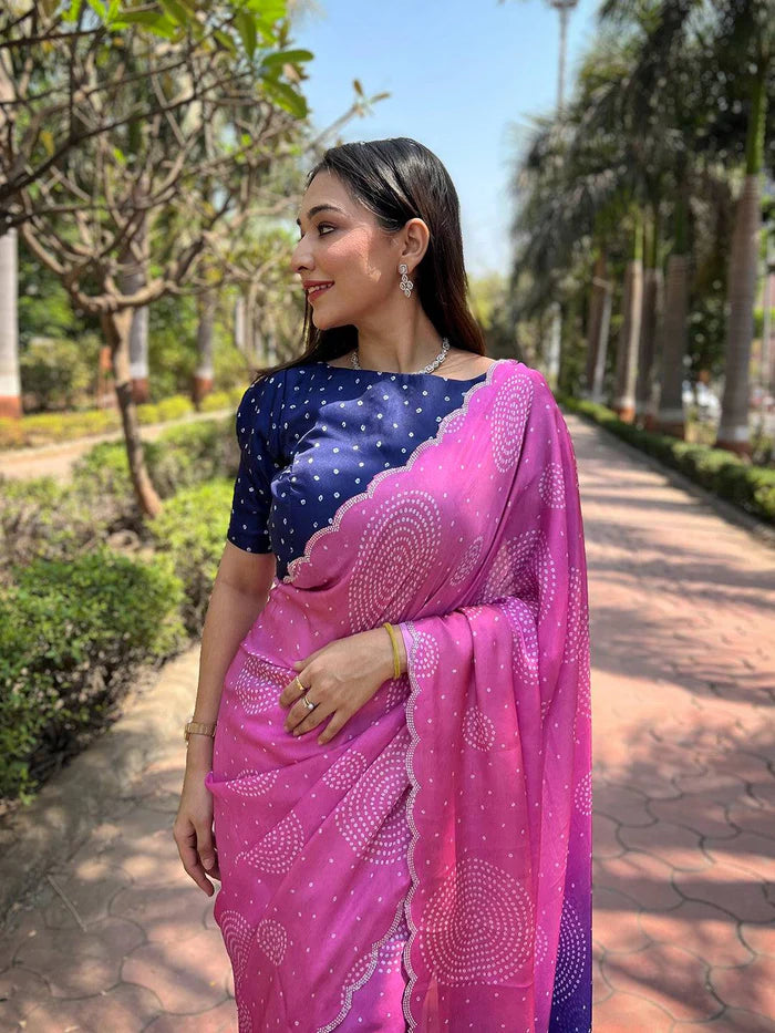 Georgette Silk Saree with Ombre Bandhej Print & Swaroski Stone Work