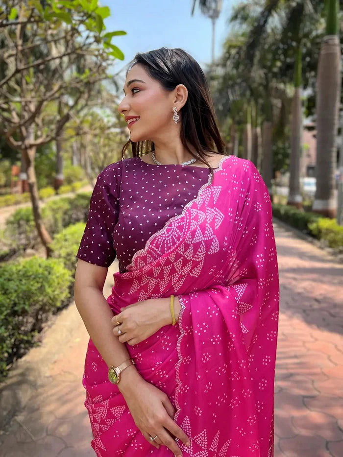 Georgette Silk Saree with Ombre Bandhej Print & Swaroski Stone Work