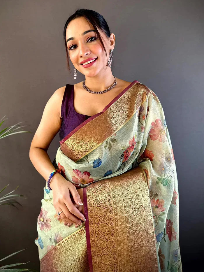Baby Pink Floral Gold Zari Tissue Saree
