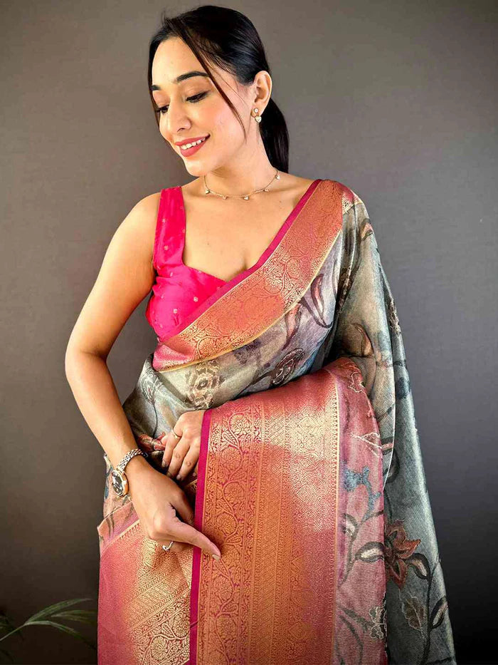 Black Kalamkari Gold Zari Tissue Saree