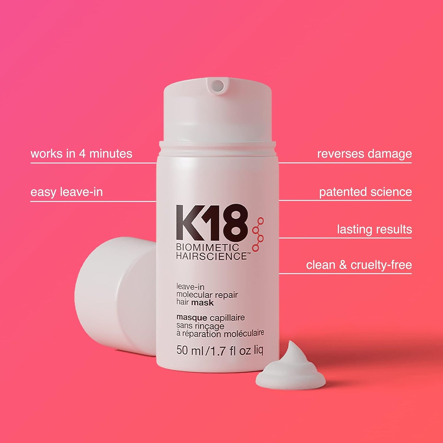 K18 Leave-In Repair Hair Mask Treatment To Repair Dry Or Damaged Hair - 4 Minutes To Reverse Hair Damage From Bleach, Color, Chemical Services And Heat,1 Count