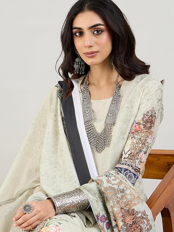 Indo Era Women's Silk Blend Printed Straight Kurta with Pant & Dupatta