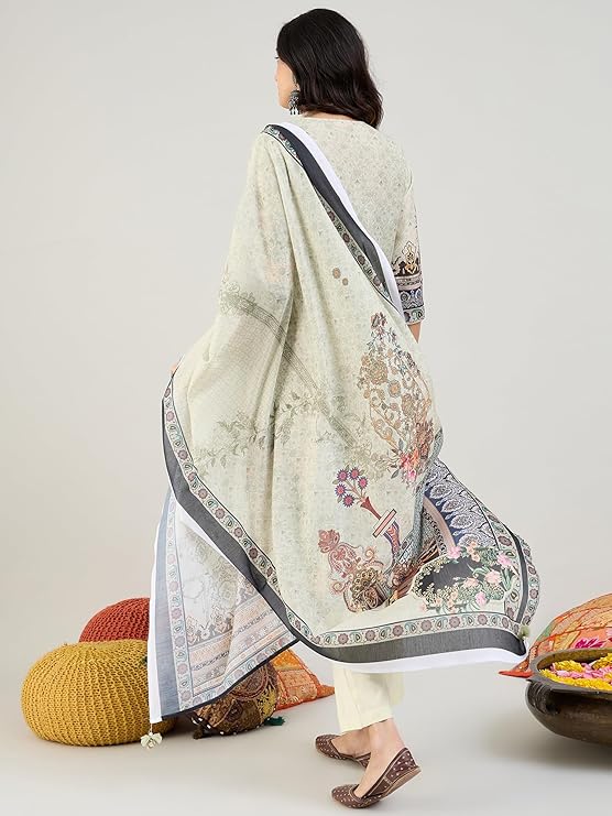 Indo Era Women's Silk Blend Printed Straight Kurta with Pant & Dupatta