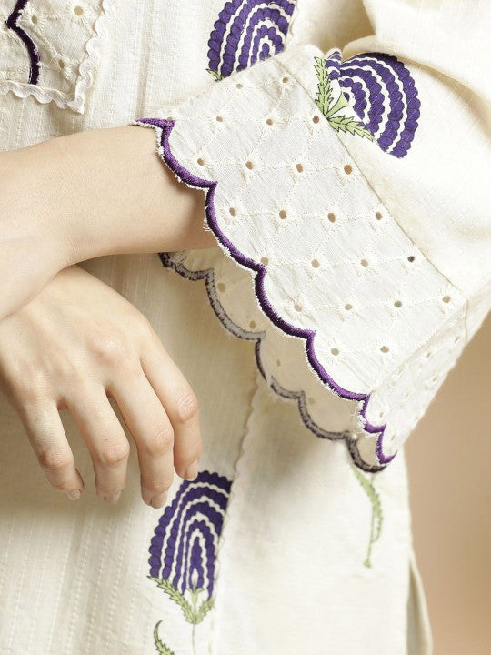 Anouk Floral Printed Bell Sleeves Thread Work Pure Cotton A-Line Kurta With Palazzos