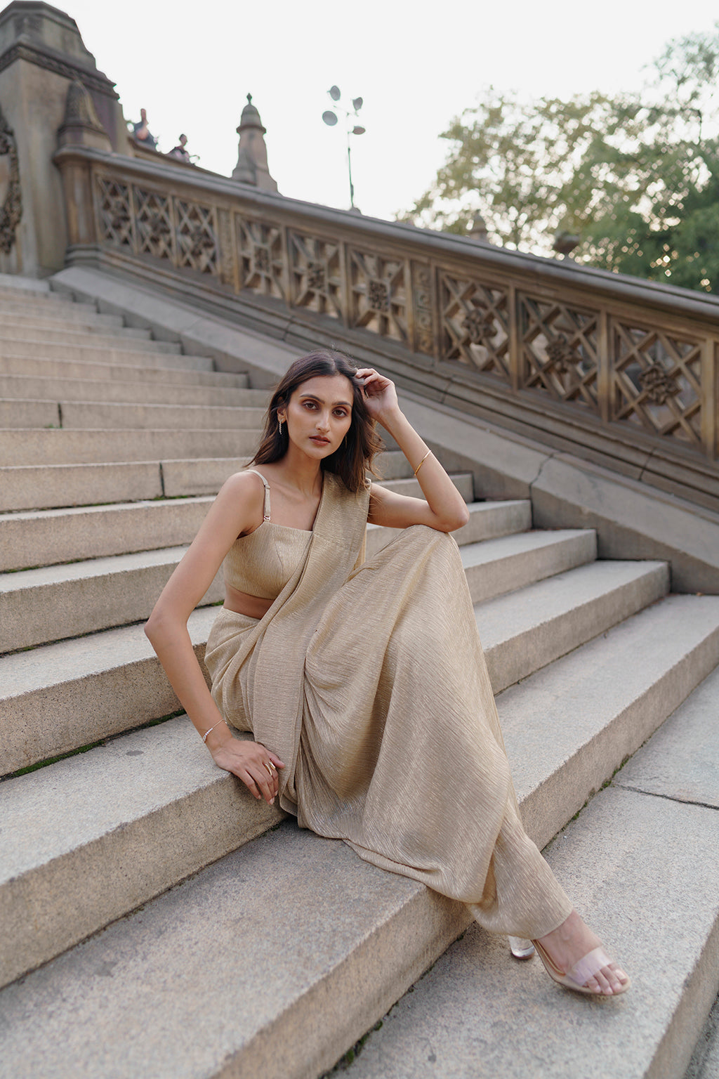 Golden Draped Saree with Crystal Embellished Cape