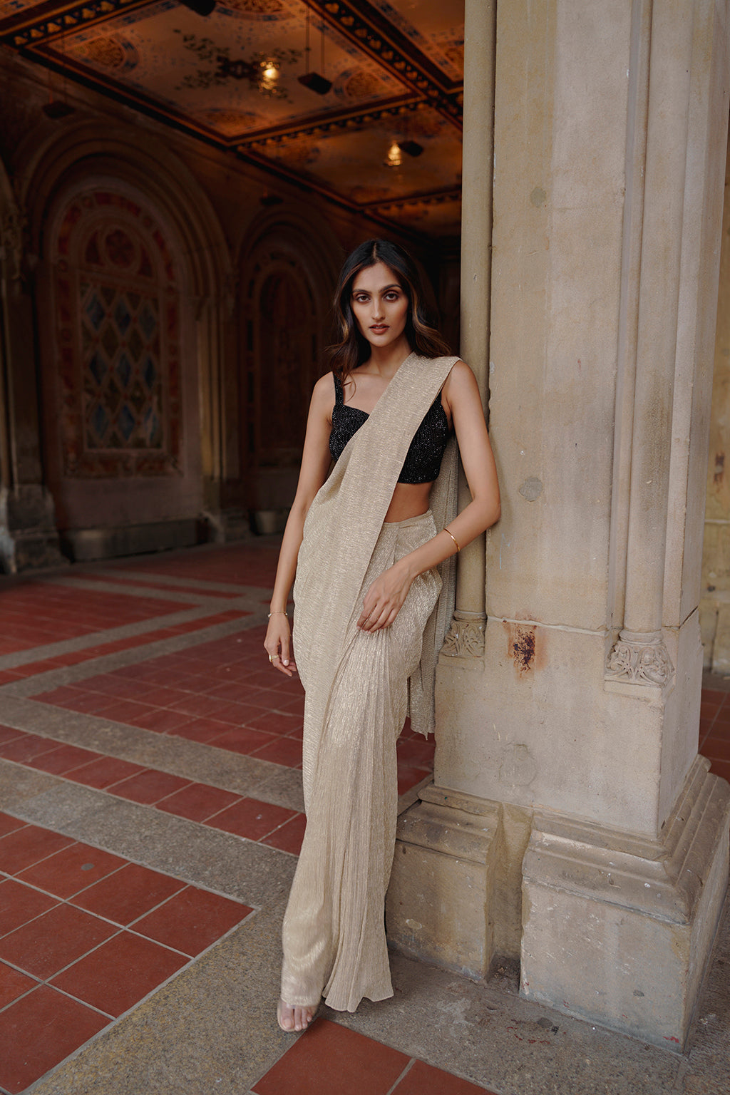 Golden Draped Saree with Crystal Embellished Cape
