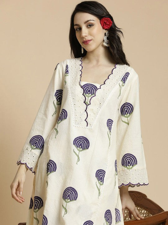 Anouk Floral Printed Bell Sleeves Thread Work Pure Cotton A-Line Kurta With Palazzos