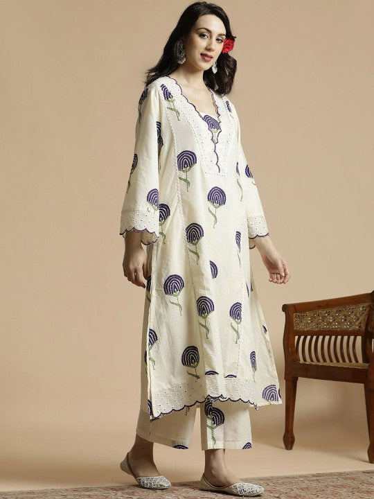 Anouk Floral Printed Bell Sleeves Thread Work Pure Cotton A-Line Kurta With Palazzos