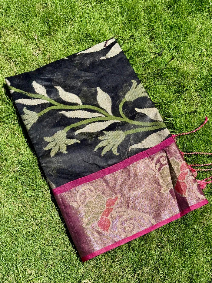 Black Soft Chanderi Pochampally Ikkat Saree