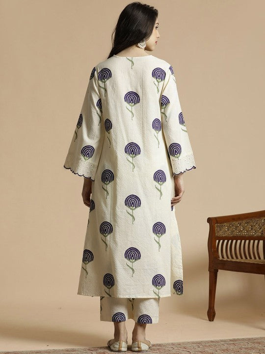 Anouk Floral Printed Bell Sleeves Thread Work Pure Cotton A-Line Kurta With Palazzos