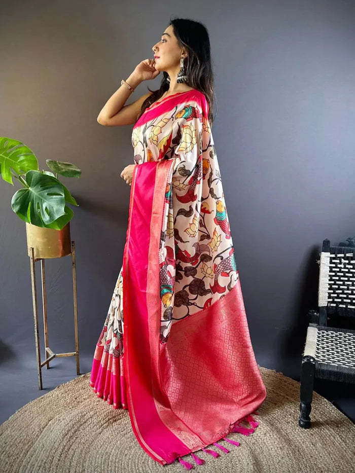 Ivory Silk Symphony Kalmkari Sare