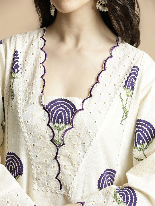 Anouk Floral Printed Bell Sleeves Thread Work Pure Cotton A-Line Kurta With Palazzos