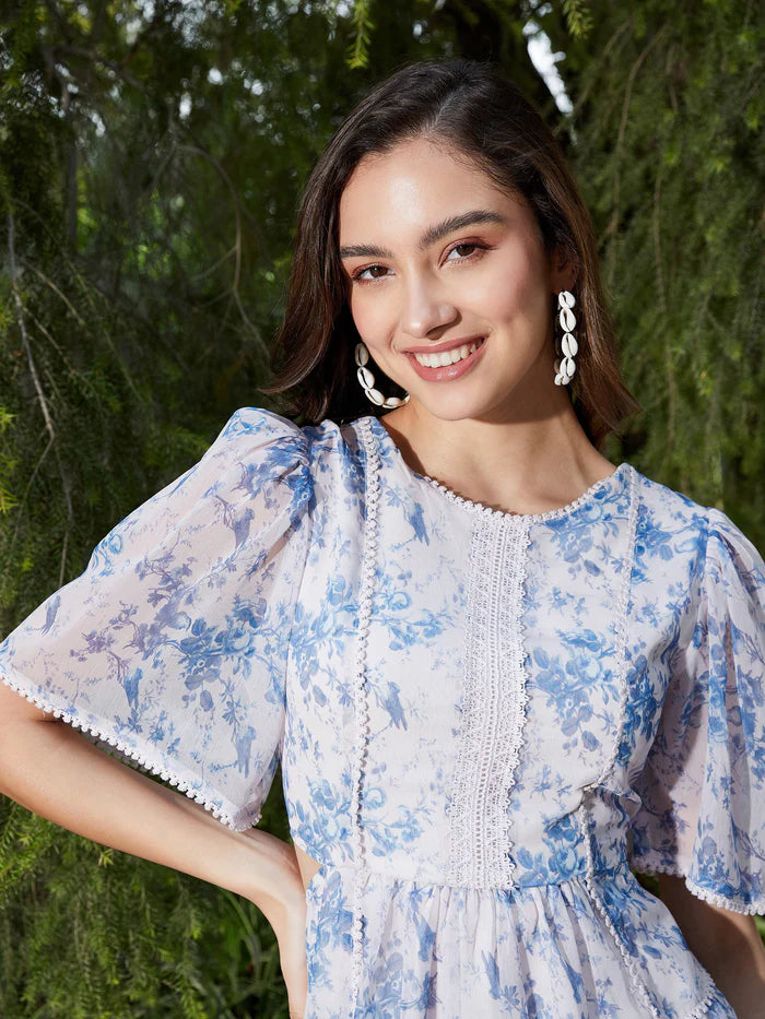 Blue Floral Waist Cut Out Skater Dress