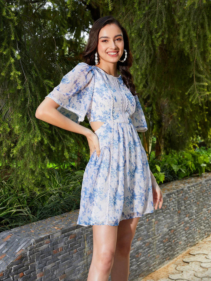 Blue Floral Waist Cut Out Skater Dress