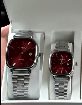 Crimson Elegance – Silver Couple Watch Set