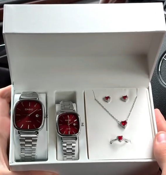 Crimson Elegance – Silver Couple Watch Set