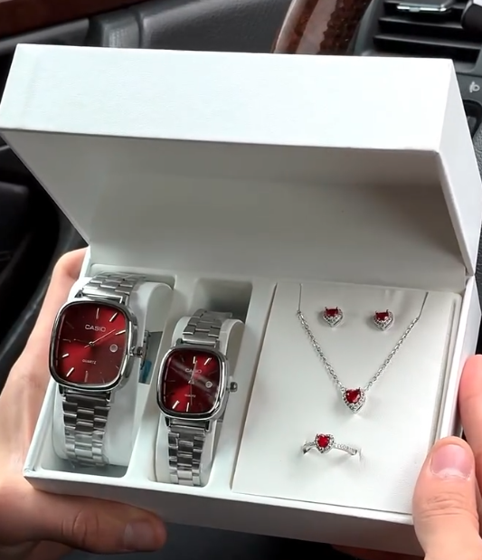 Crimson Elegance – Silver Couple Watch Set