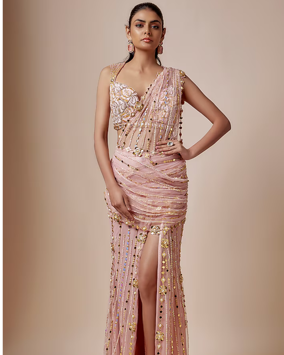 Rose Quartz Pink Tulle Sequins Embellished Pre-Stitched Saree Set