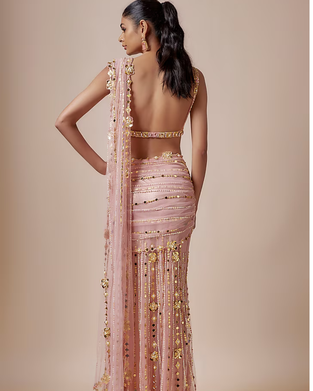 Rose Quartz Pink Tulle Sequins Embellished Pre-Stitched Saree Set