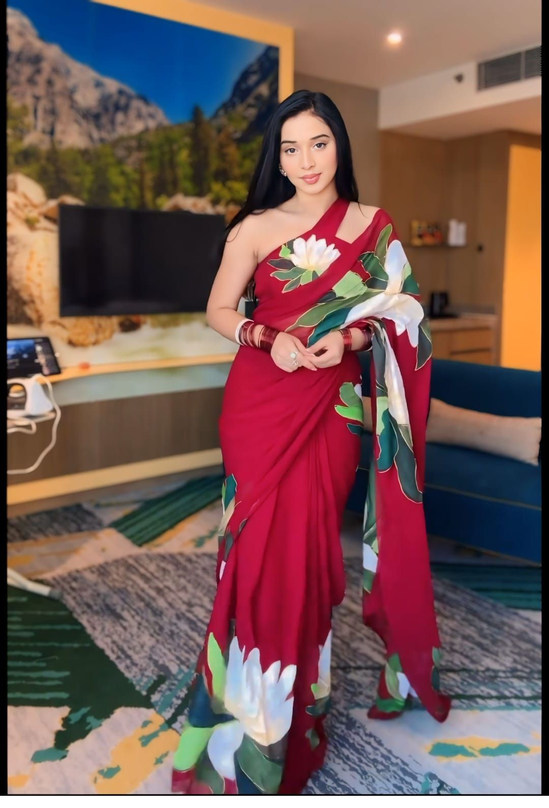 Scintillating 1-Minute Ready To Wear Red Georgette Saree