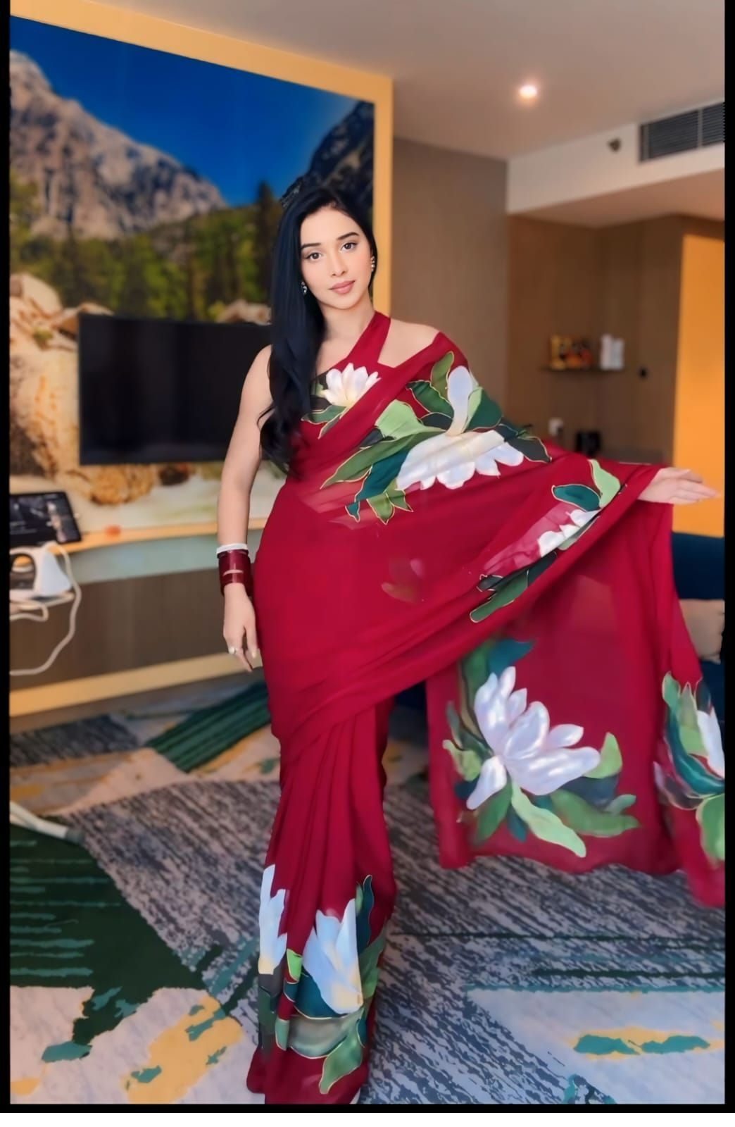 Scintillating 1-Minute Ready To Wear Red Georgette Saree