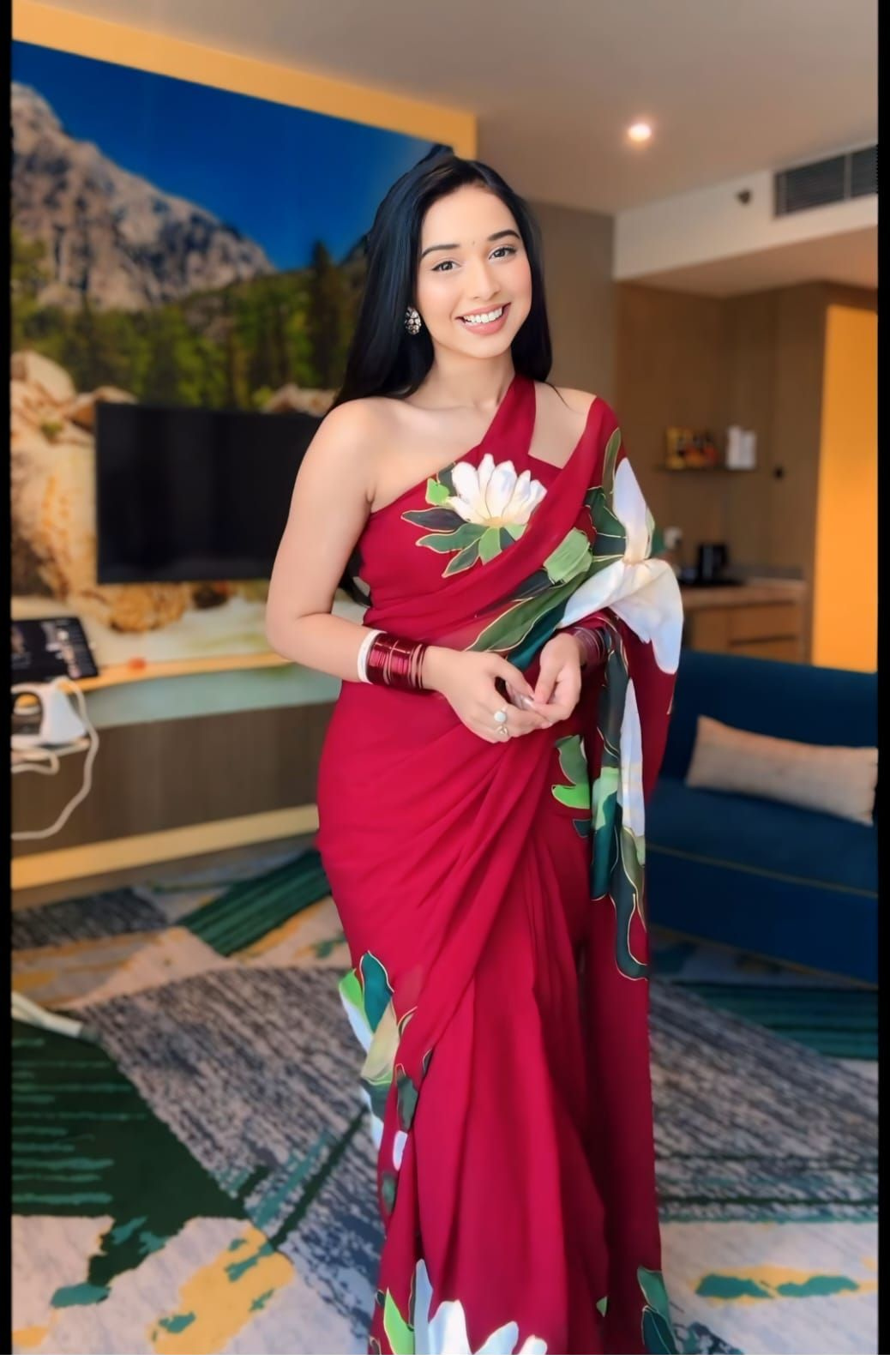 Scintillating 1-Minute Ready To Wear Red Georgette Saree