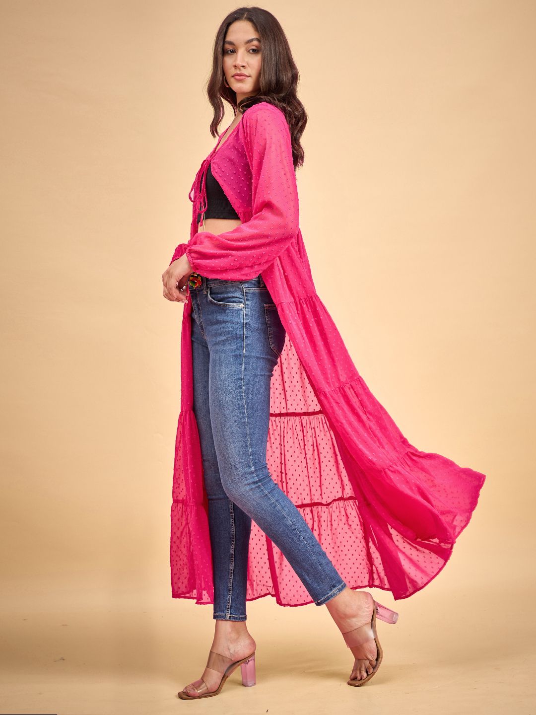 Dobby Georgette Tassel Detail Long Shrug