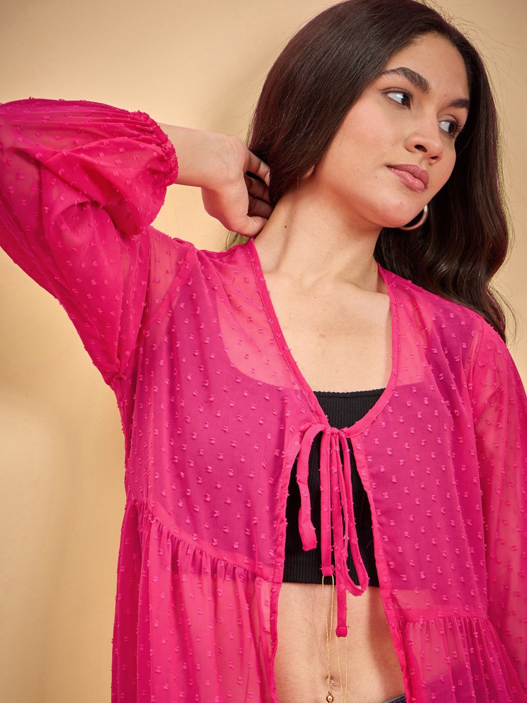 Dobby Georgette Tassel Detail Long Shrug