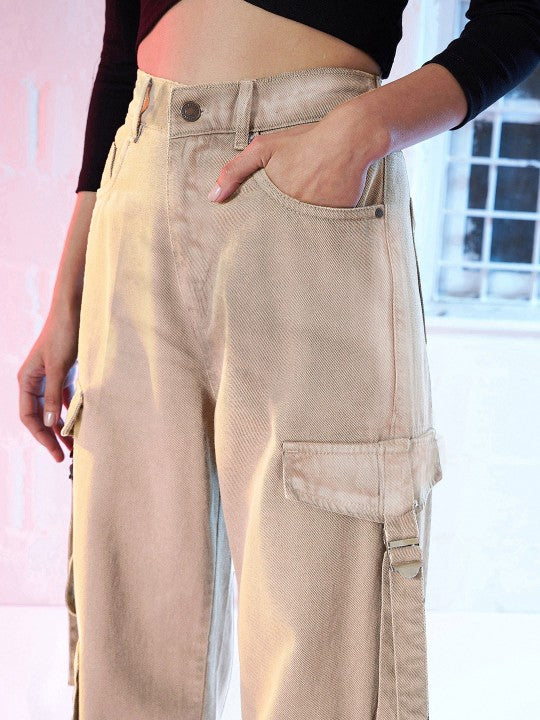 Women Beige Straight Fit High-Rise Acid Wash Pure Cotton Cargo Jeans