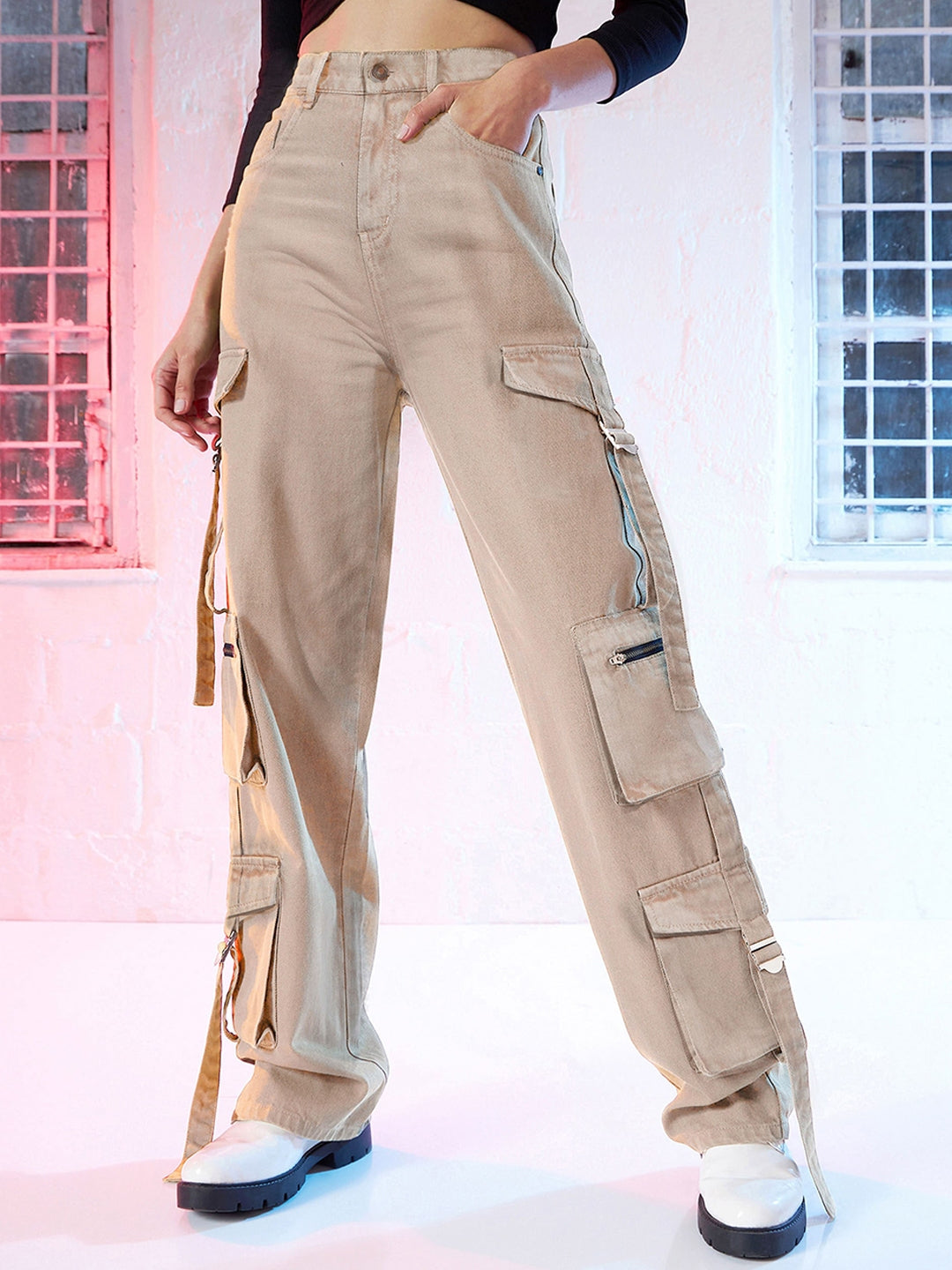 Women Beige Straight Fit High-Rise Acid Wash Pure Cotton Cargo Jeans