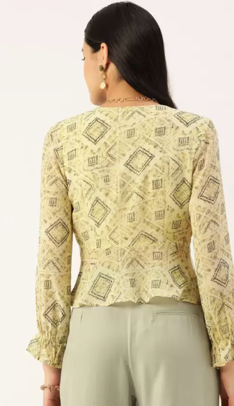 Casual Puff Sleeves Printed Women Yellow Top