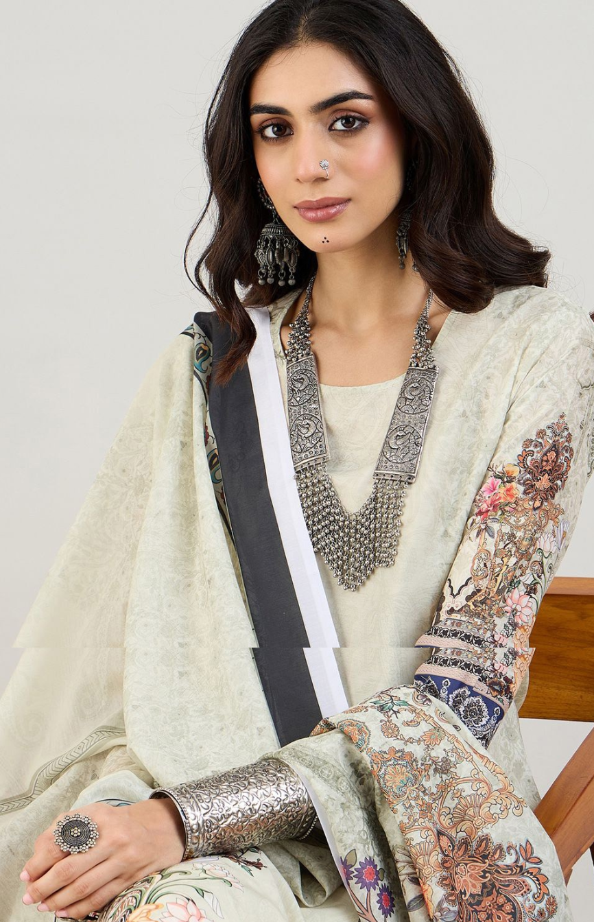 Green Floral Printed Straight Kurta with Trousers & Dupatta