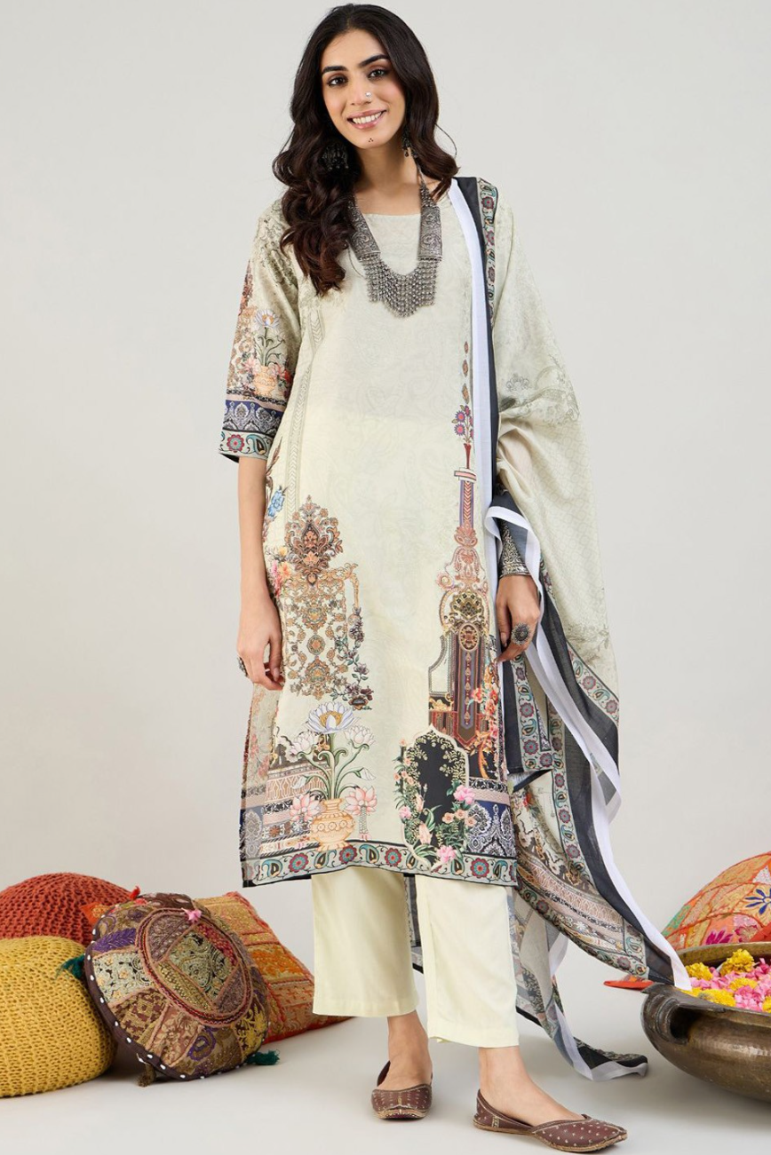Green Floral Printed Straight Kurta with Trousers & Dupatta