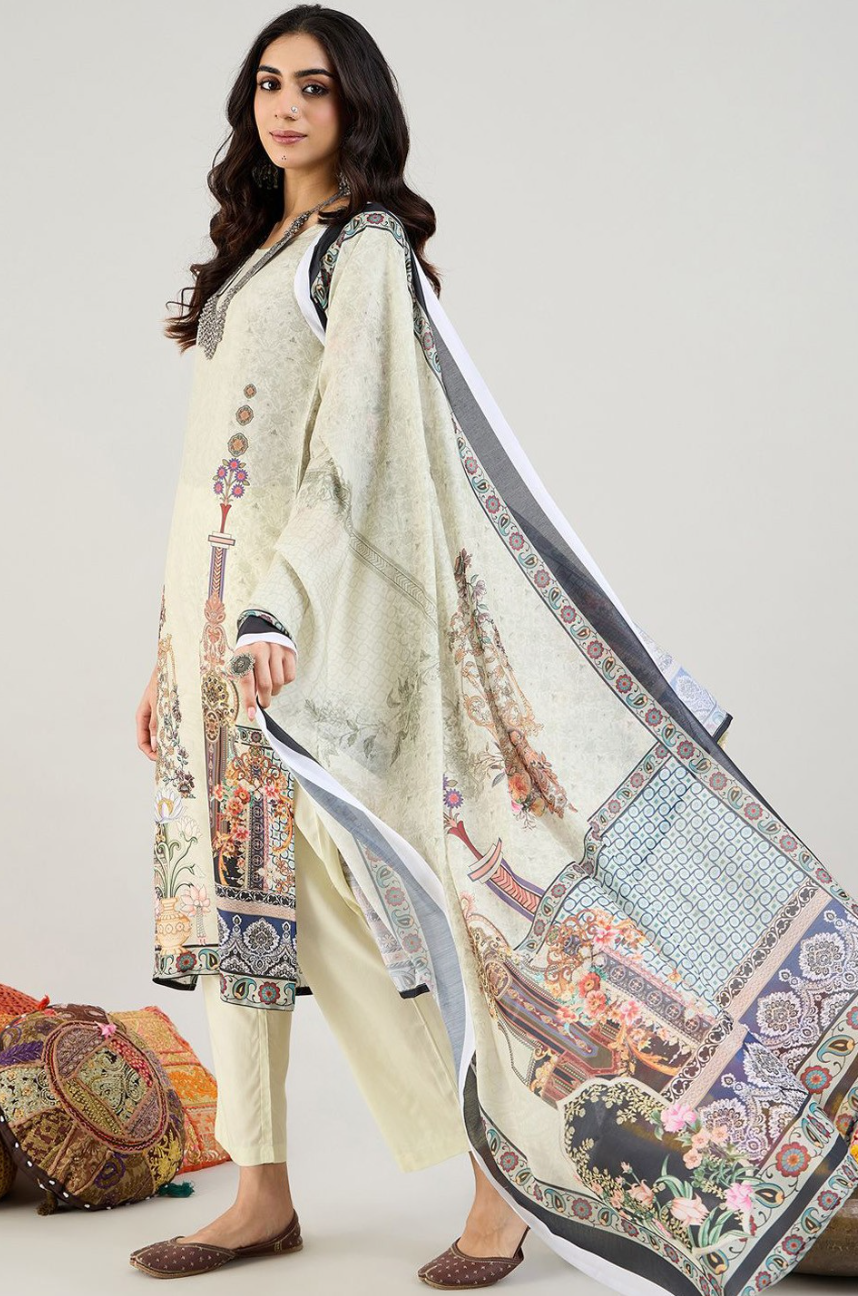 Green Floral Printed Straight Kurta with Trousers & Dupatta