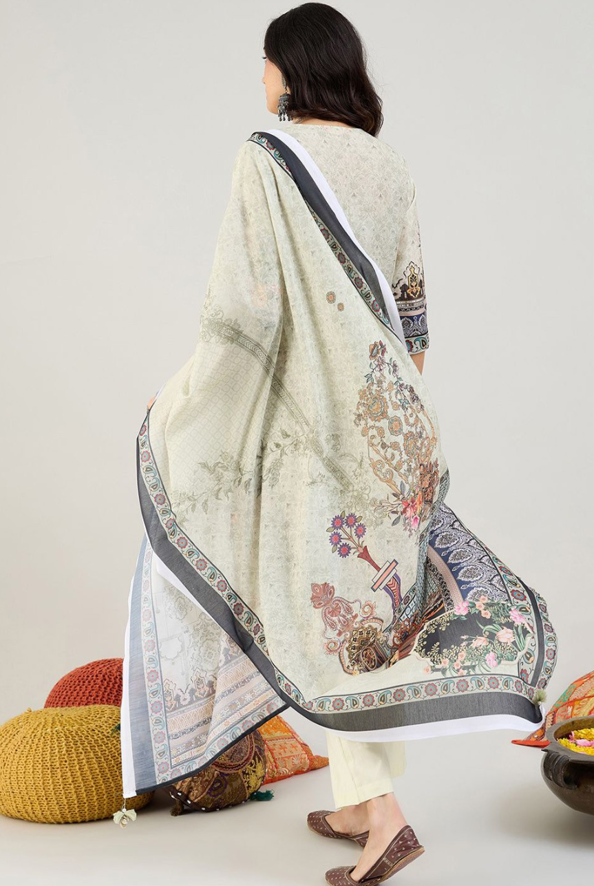 Green Floral Printed Straight Kurta with Trousers & Dupatta