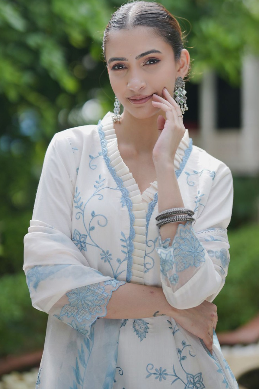 Floral Embroidered Thread Work Kurta With Trousers & Dupatta