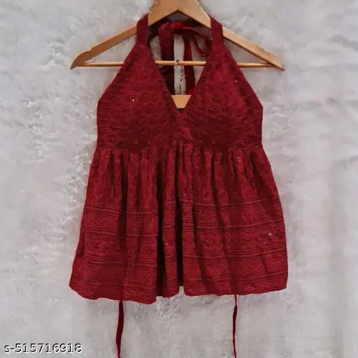 Maroon Aura: Chikankari Halter Top