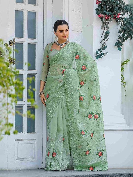 Beautiful All Over Work Chiffon Cream Color Saree