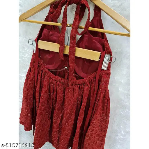 Maroon Aura: Chikankari Halter Top