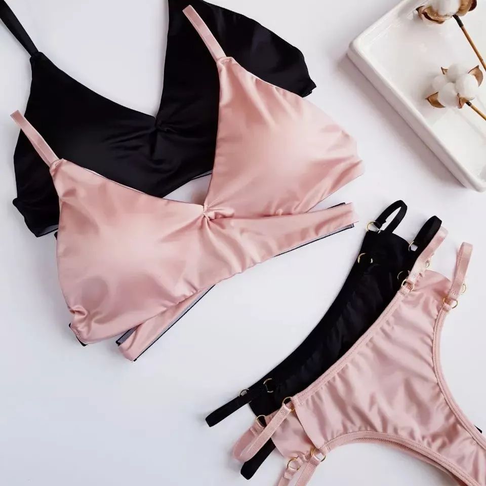 Ladies Imported Pack Of 5 Silk Matt Colors Bralette With Panty T-Panty Sets (Pack Of 4 Sets)
