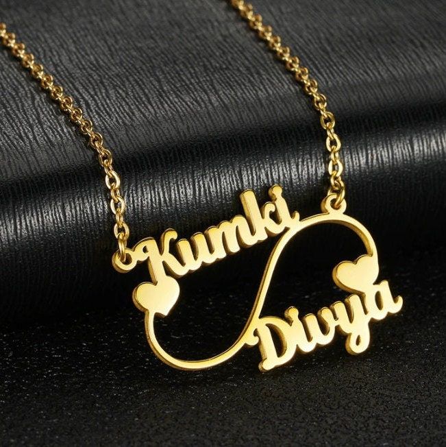 Personalized Double Name Necklace 22K Gold Plated Sterling Silver