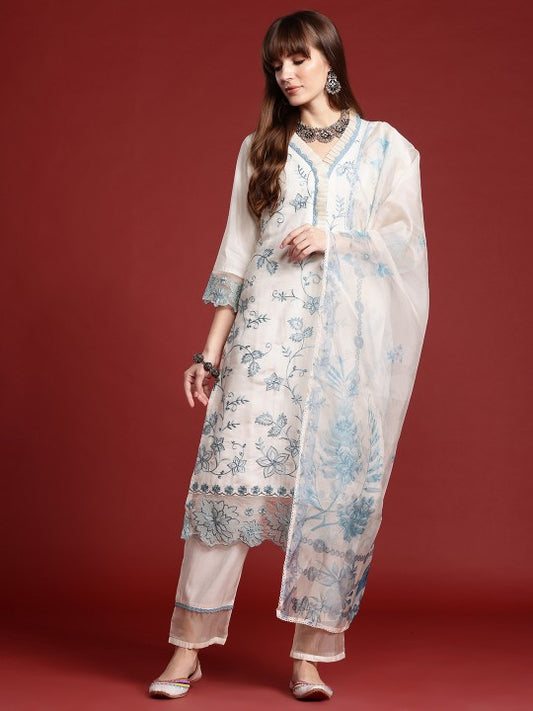 Floral Embroidered Lace Detailed Layered Kurta & Trousers With Dupatta