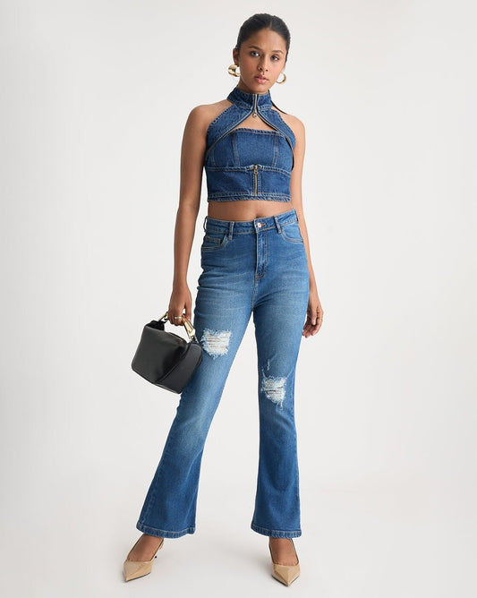 Women Lightly Washed Distressed Bootcut Jeans